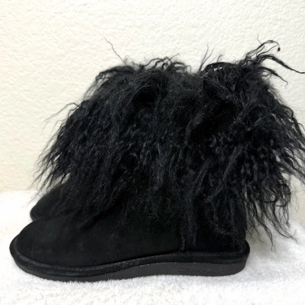 Bearpaw Boo Bootie Winter Boot Fuzzy Lamb Fur Cuff Suede Black Size 9